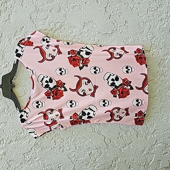 NWT NEW Lindy Bop Pink Key Hole Pin Up Top Skulls Roses She Devil Print - Picture 5 of 8